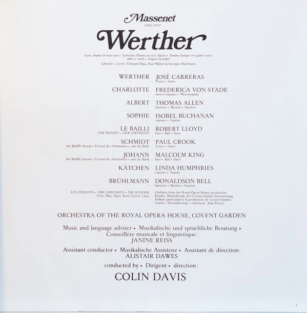 Massenet - Carreras, Von Stade, Allen, Buchanan, Lloyd, Orchestra Of The Royal Opera House, Covent Garden, Colin Davis: Werther 12" box set - Image 2